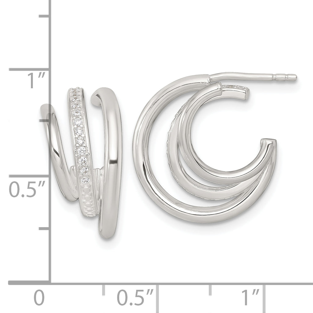 Sterling Silver Polished CZ 3-Row C-Hoop Post Earrings