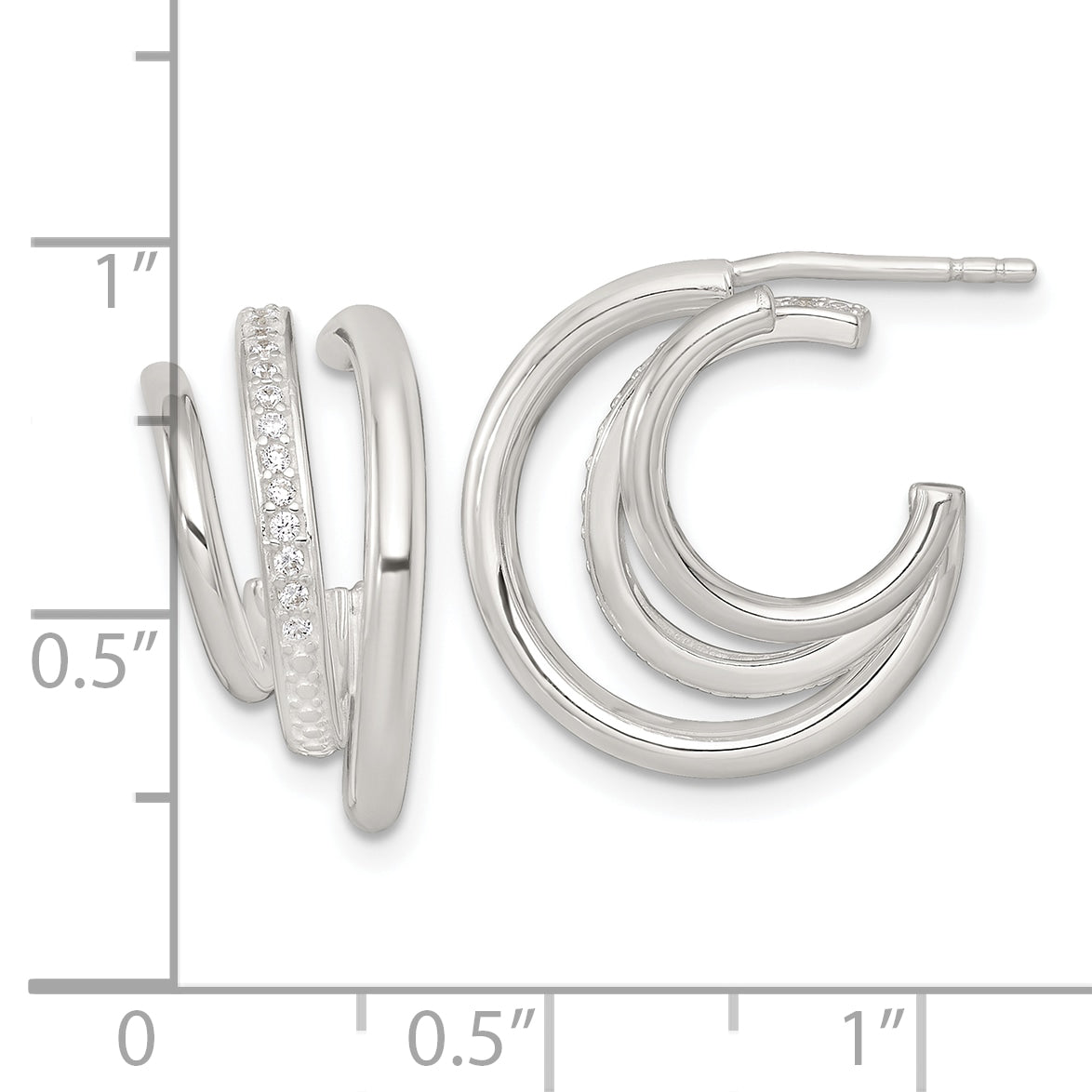 Sterling Silver Polished CZ 3-Row C-Hoop Post Earrings