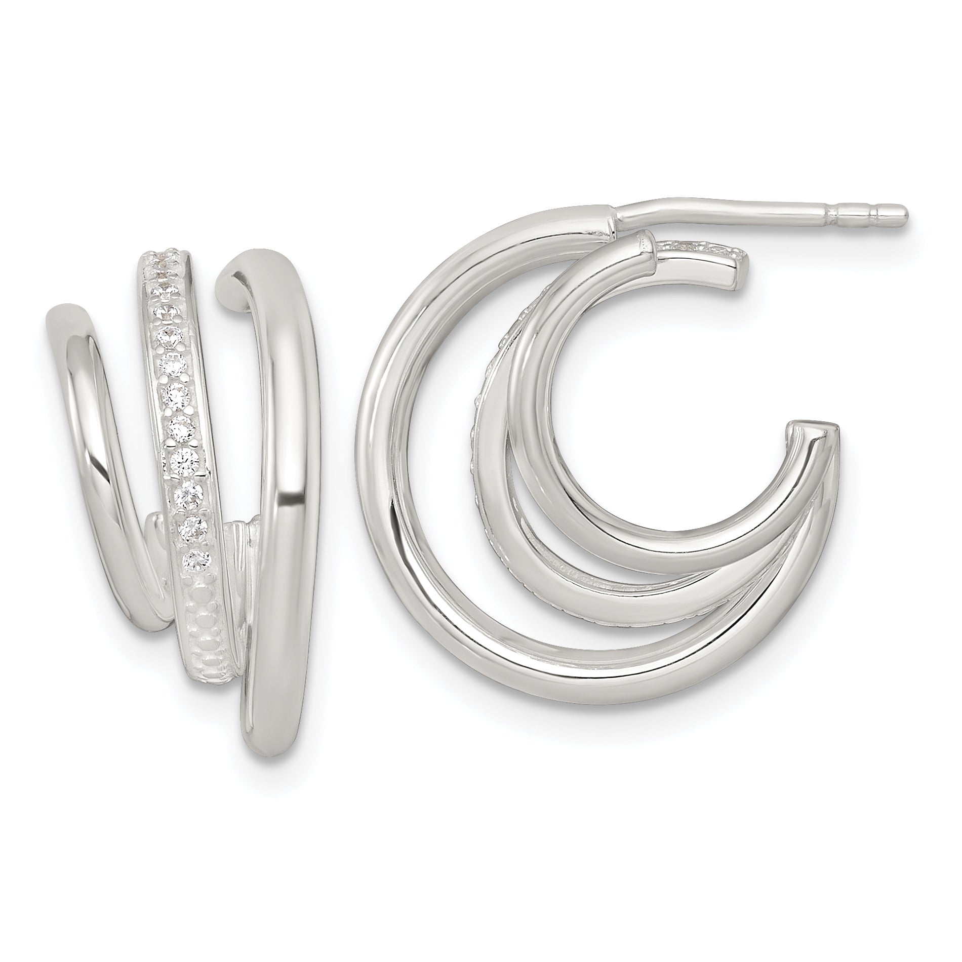 Sterling Silver Polished CZ 3-Row C-Hoop Post Earrings Main image