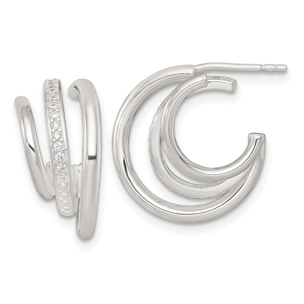 Sterling Silver Polished CZ 3-Row C-Hoop Post Earrings