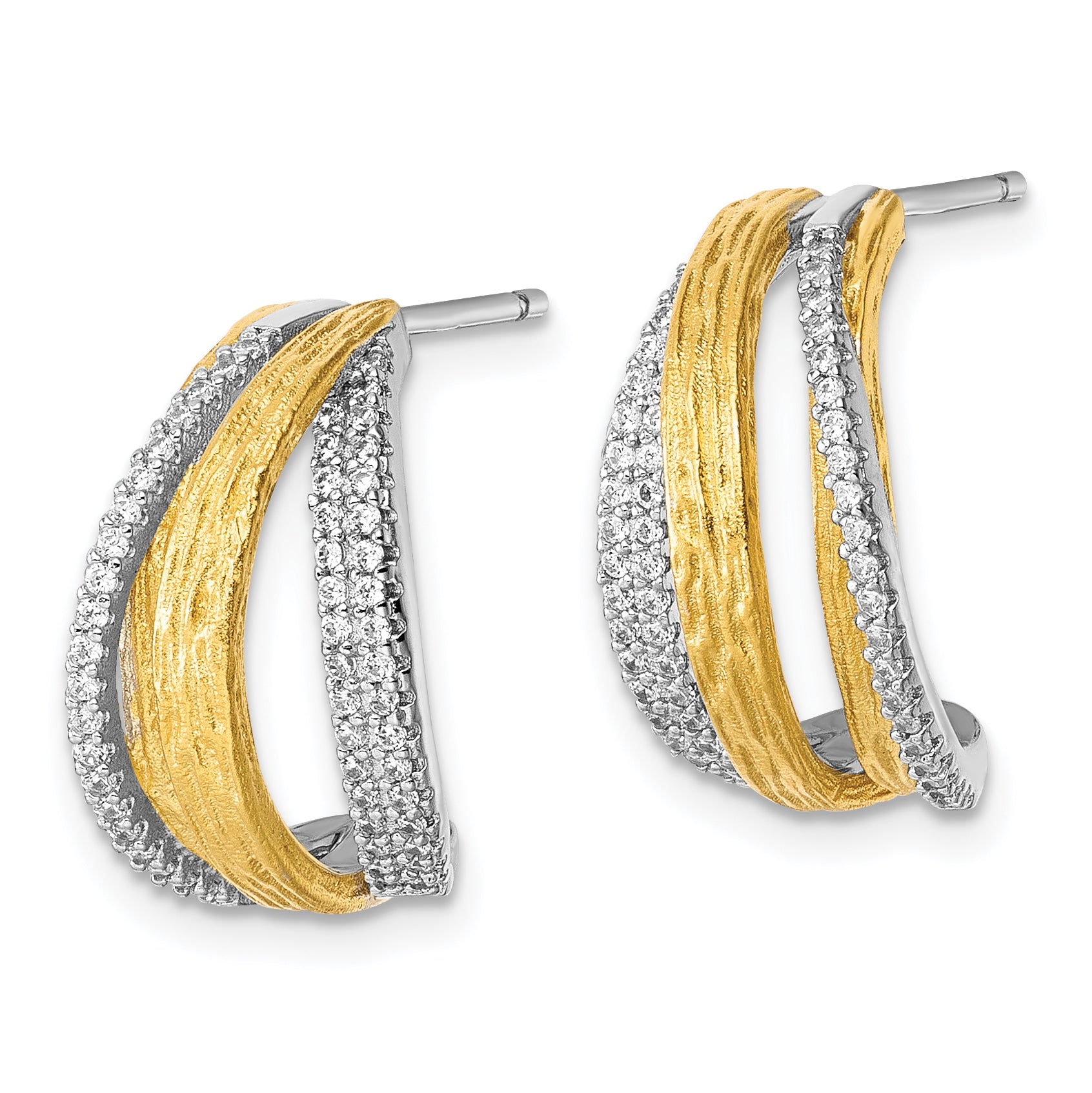 Sterling Silver Rhodium and Gold-tone CZ Brushed and Polished Curved J-Hoop Post Earrings Secondary image