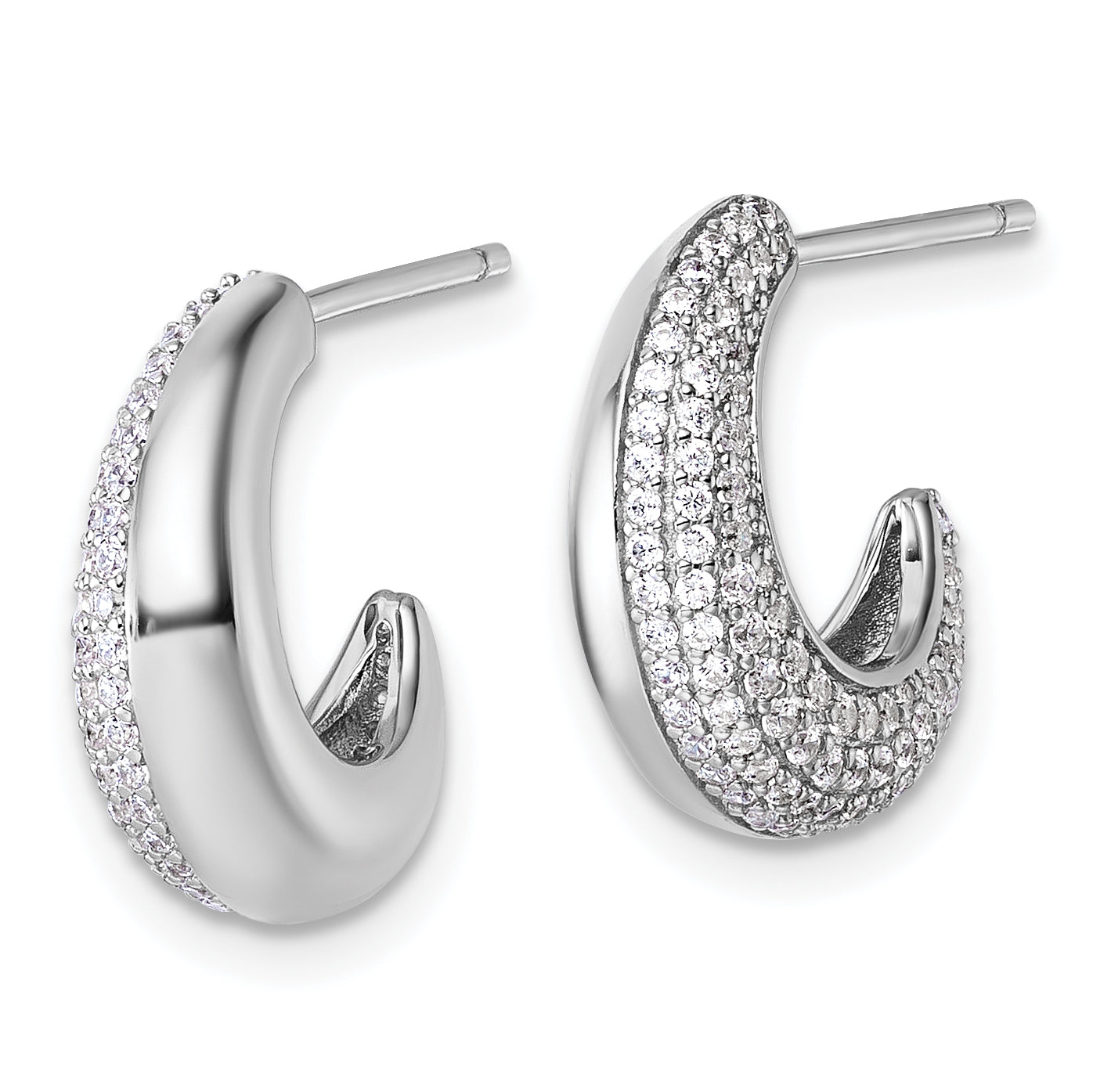 Sterling Silver Rhodium-plated CZ Polished J-Hoop Post Earrings Secondary image
