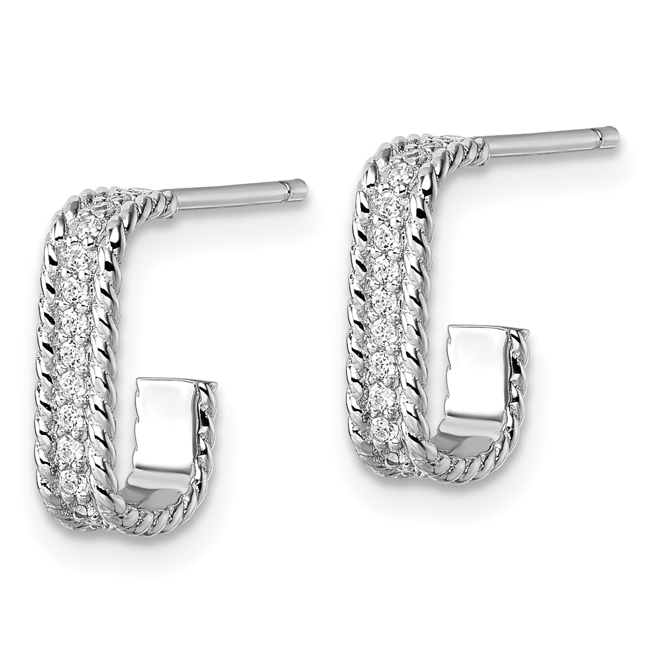 Sterling Silver Rhodium-plated CZ Rope Edge Rectangle J-Hoop Post Earrings Secondary image