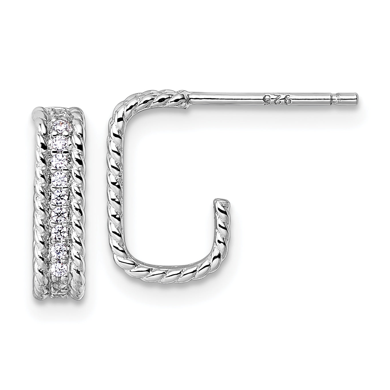 Sterling Silver Rhodium-plated CZ Rope Edge Rectangle J-Hoop Post Earrings