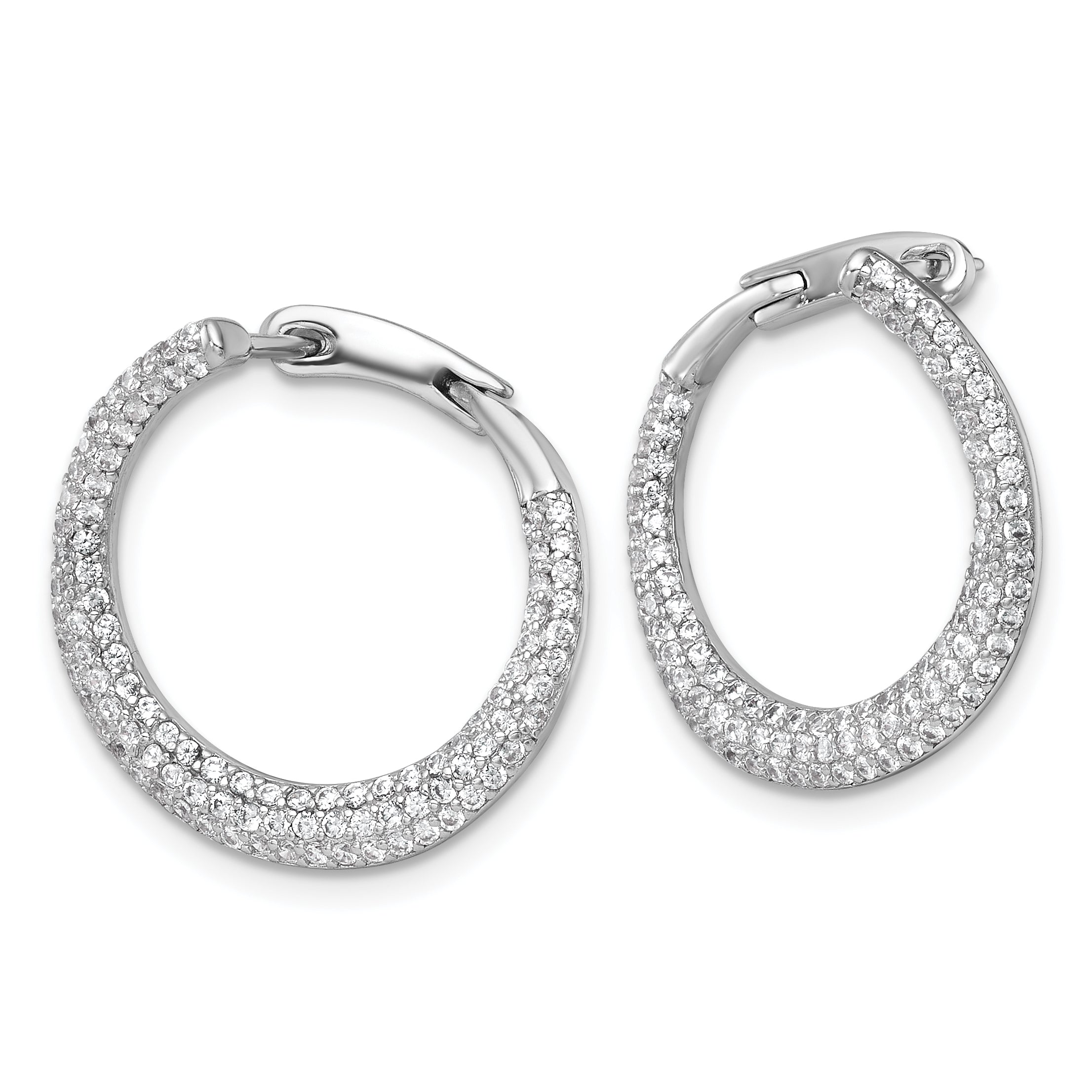 Sterling Silver Rhodium-plated Polished Micro Pave CZ Round Offset Hinged Hoop Earrings Secondary image