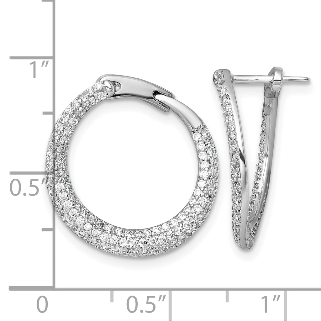 Sterling Silver Rhodium-plated Polished Micro Pave CZ Round Offset Hinged Hoop Earrings