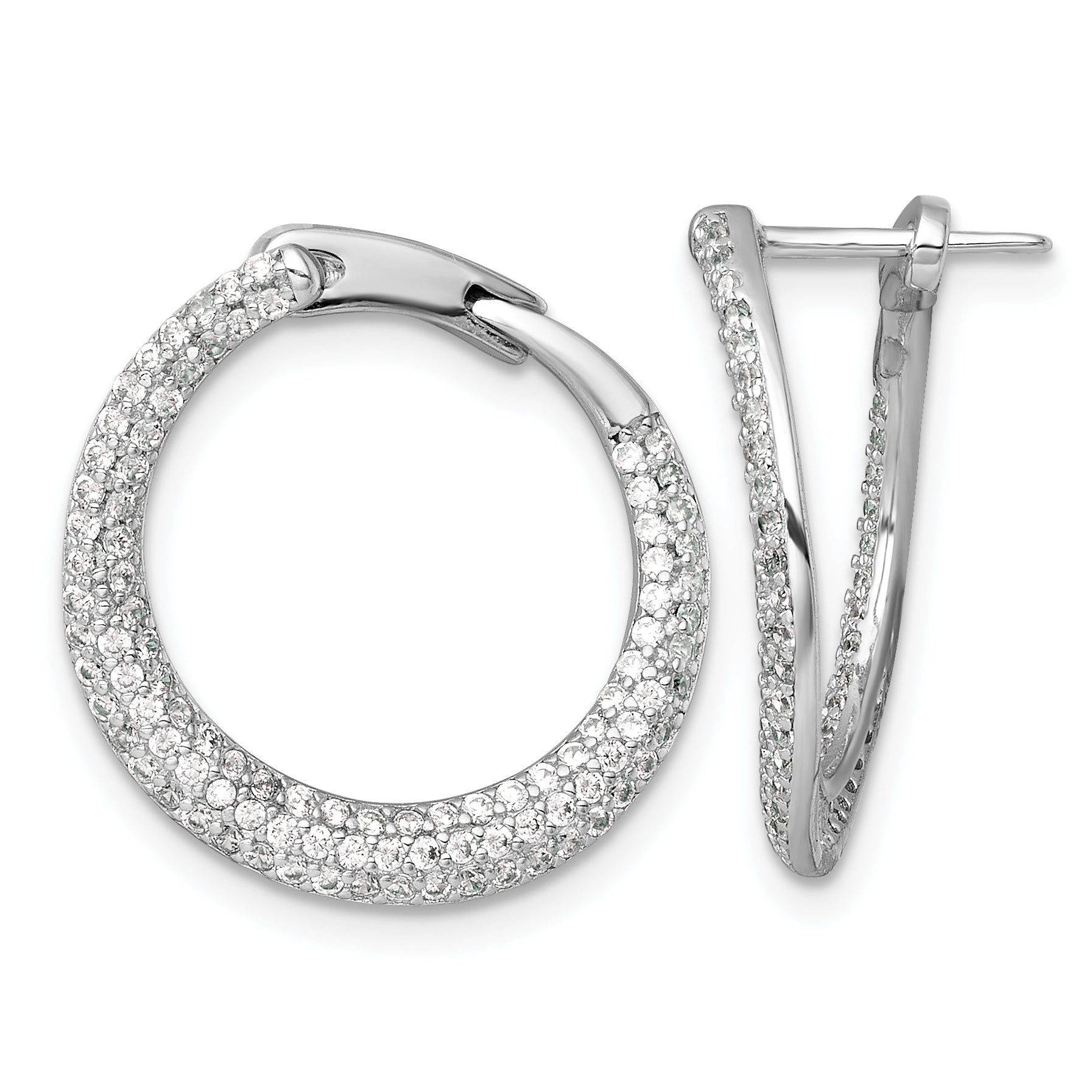 Sterling Silver Rhodium-plated Polished Micro Pave CZ Round Offset Hinged Hoop Earrings Main image