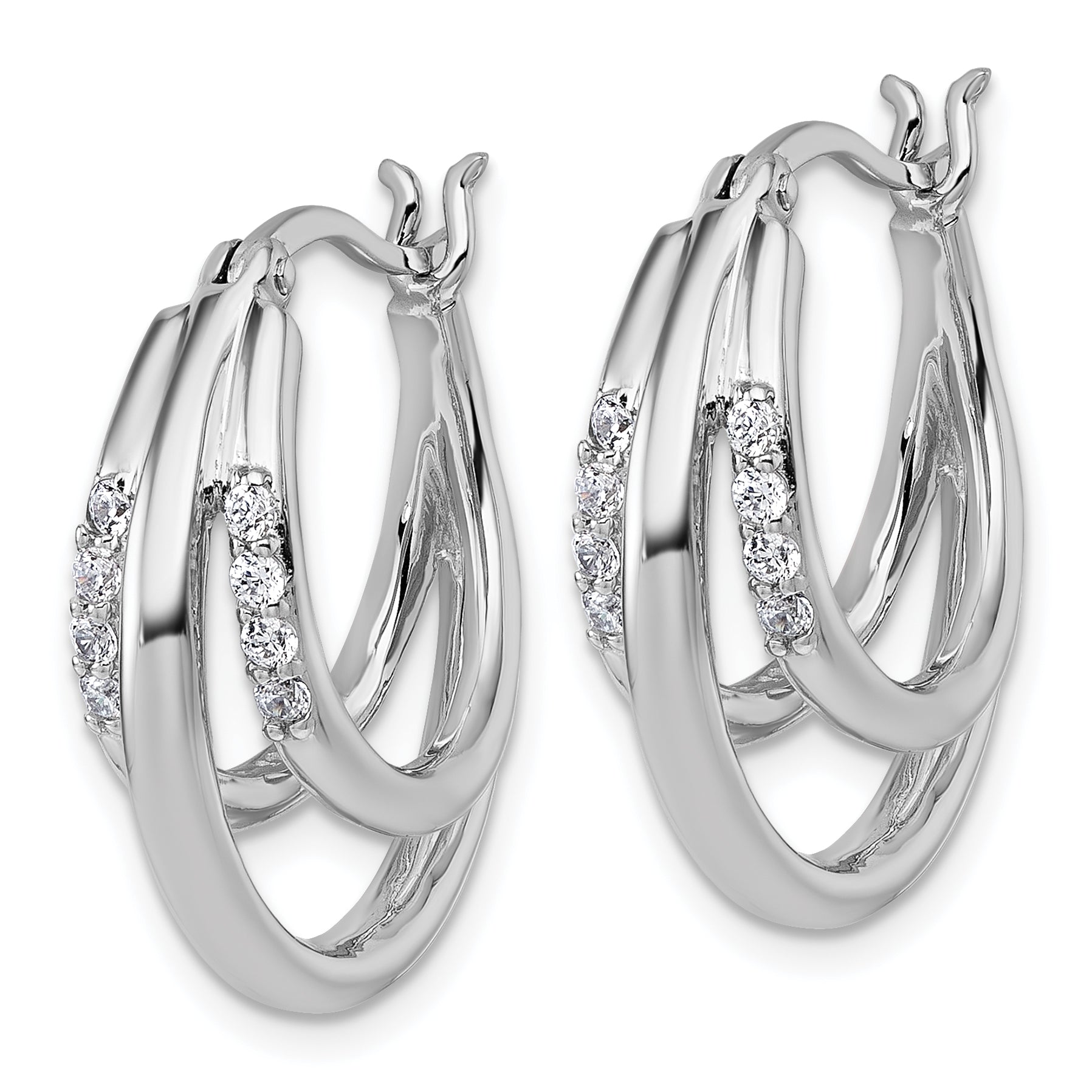 Sterling Silver Rhodium-plated Polished White CZ Triple Hoop Earrings Secondary image