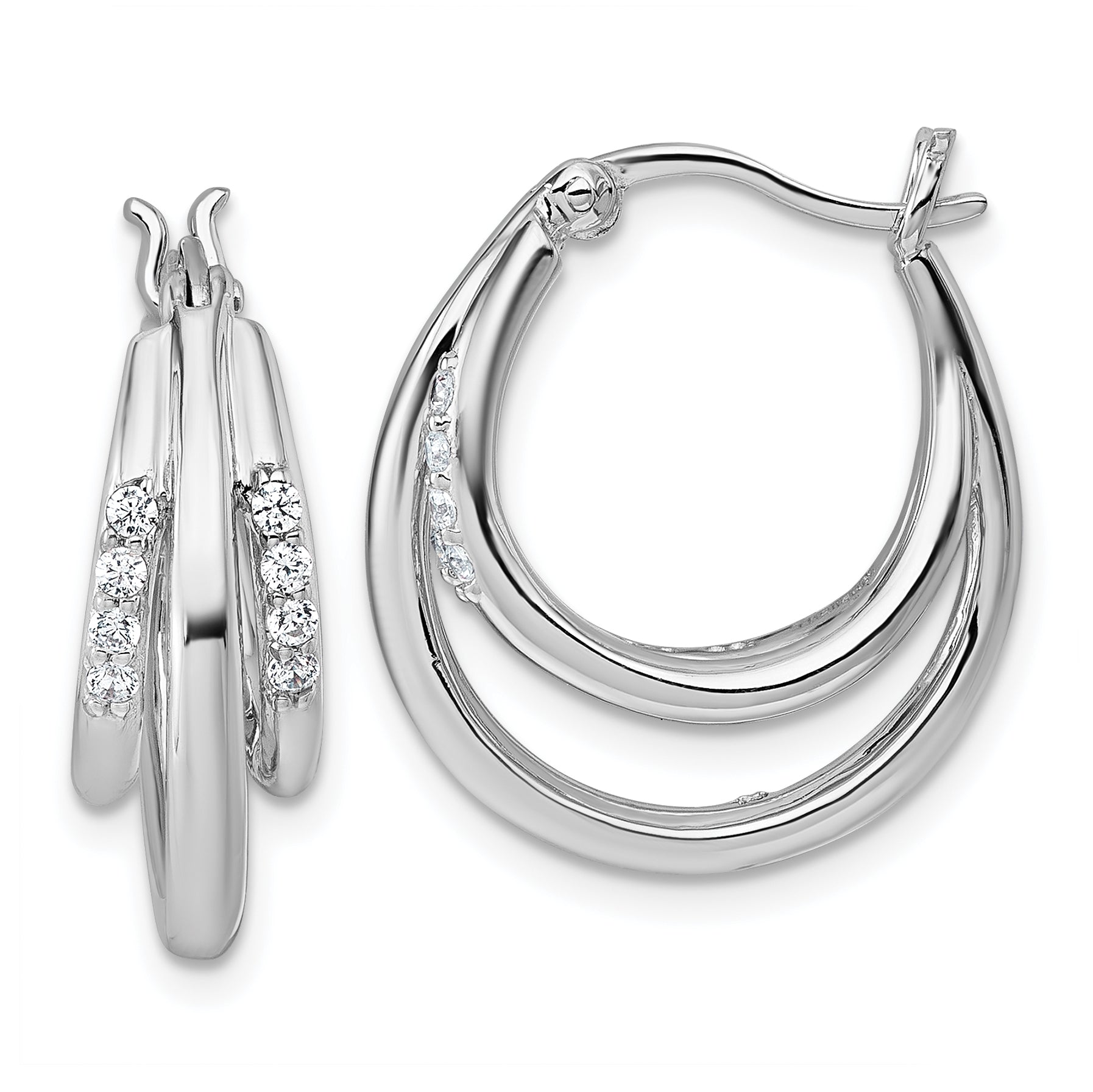 Sterling Silver Rhodium-plated Polished White CZ Triple Hoop Earrings Main image