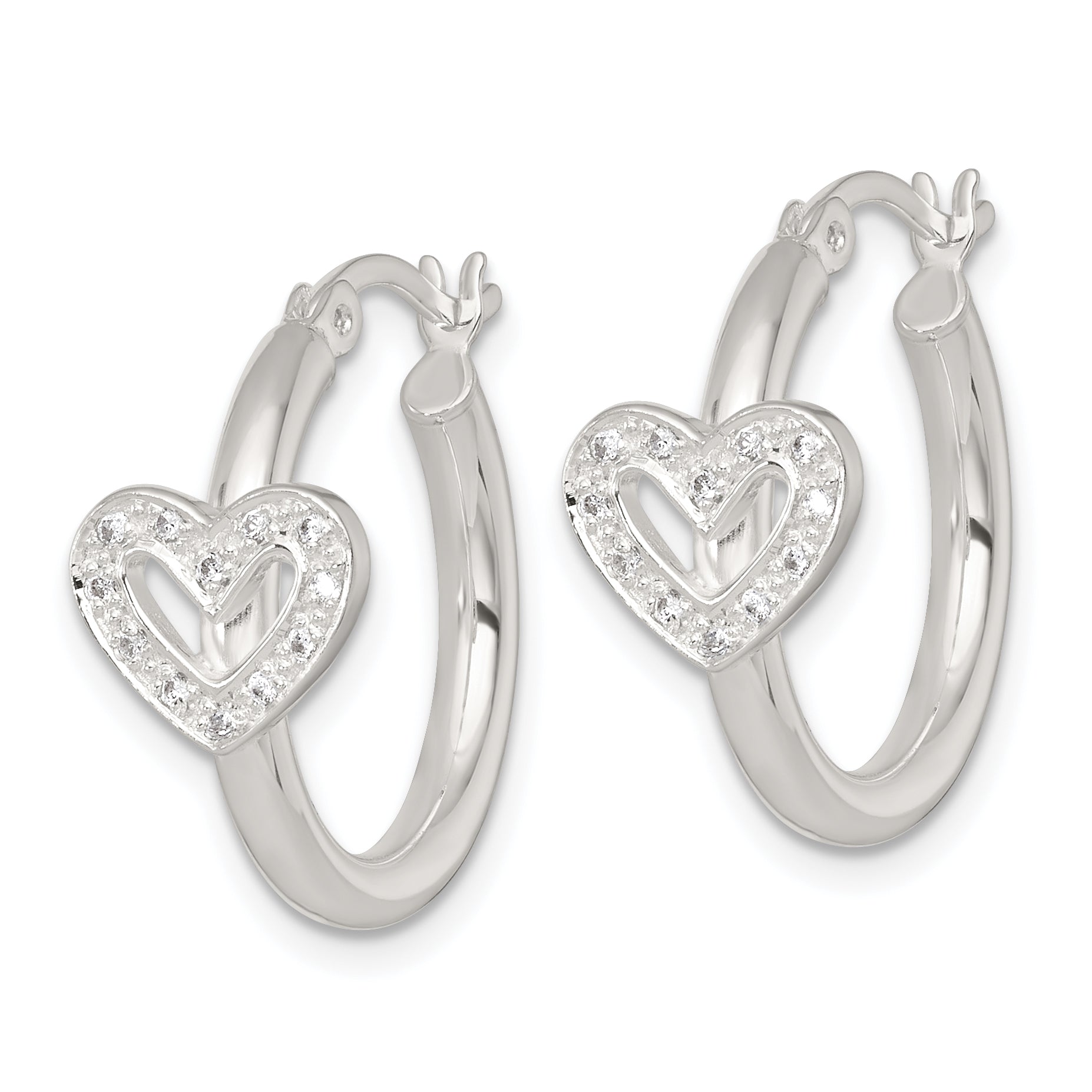 Sterling Silver Polished CZ Heart Round Hoop Earrings Secondary image