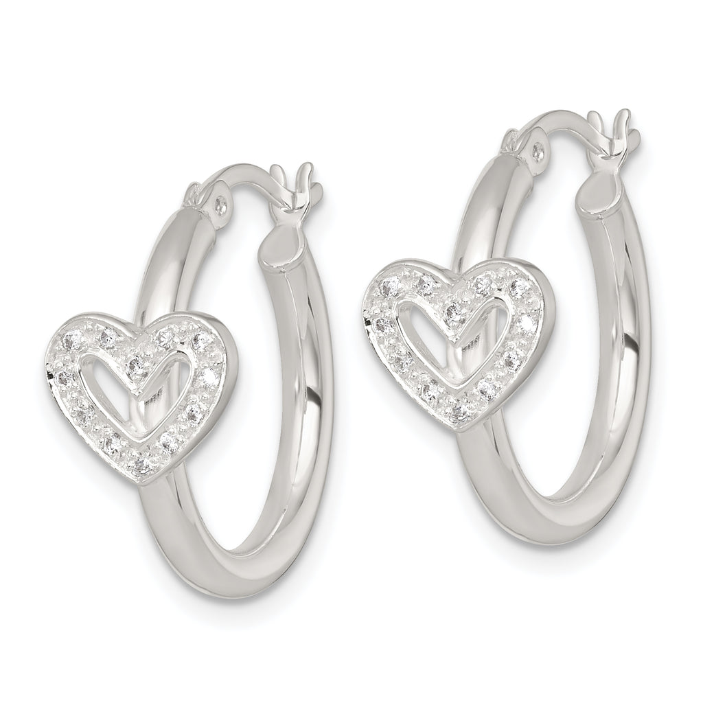 Sterling Silver Polished CZ Heart Round Hoop Earrings