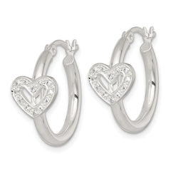 Sterling Silver Polished CZ Heart Round Hoop Earrings