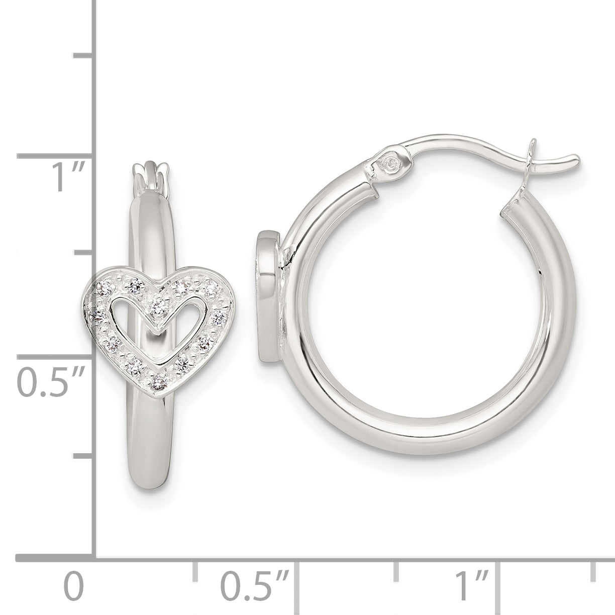 Sterling Silver Polished CZ Heart Round Hoop Earrings