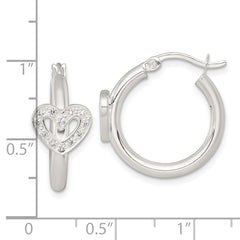 Sterling Silver Polished CZ Heart Round Hoop Earrings