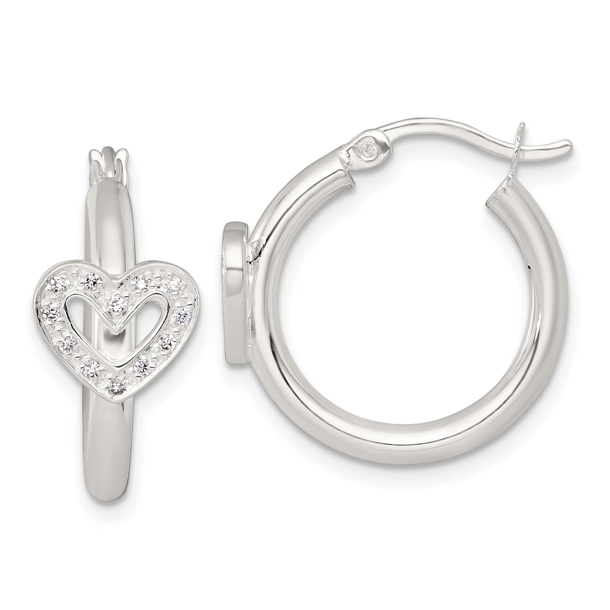 Sterling Silver Polished CZ Heart Round Hoop Earrings