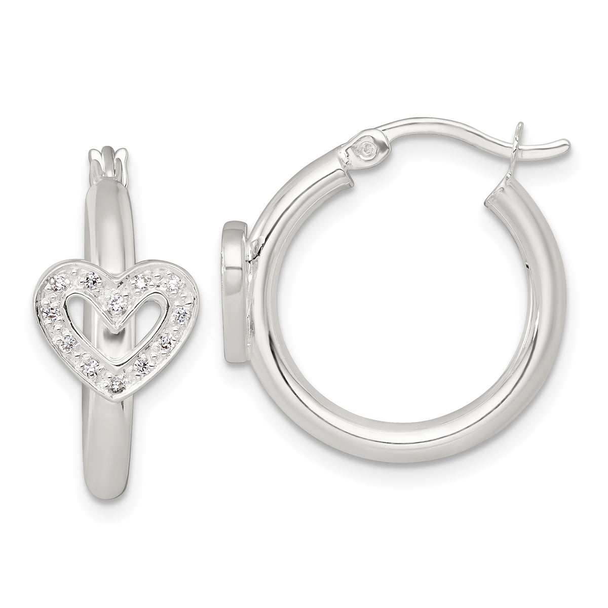Sterling Silver Polished CZ Heart Round Hoop Earrings
