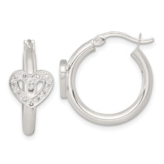 Sterling Silver Polished CZ Heart Round Hoop Earrings