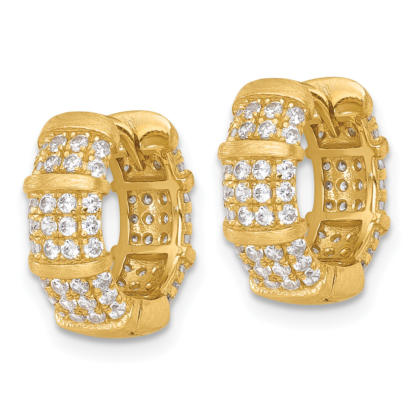 Sterling Silver Gold-Tone Polished and Textured CZ 5.4mm Round Hinged Hoop Earrings Secondary image