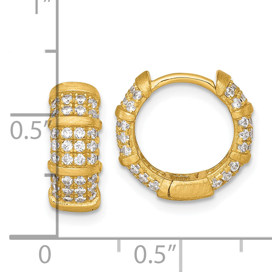 Sterling Silver Gold-Tone Polished and Textured CZ 5.4mm Round Hinged Hoop Earrings