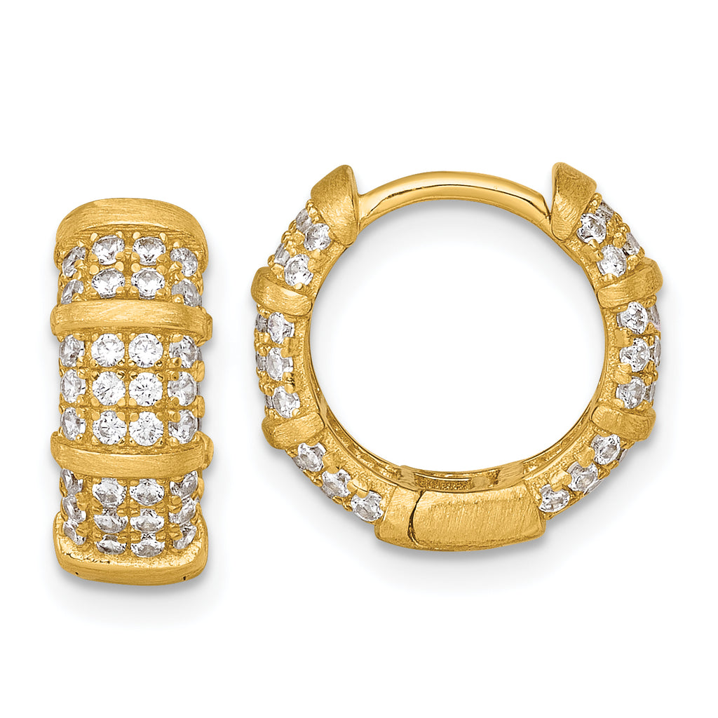 Sterling Silver Gold-Tone Polished and Textured CZ 5.4mm Round Hinged Hoop Earrings