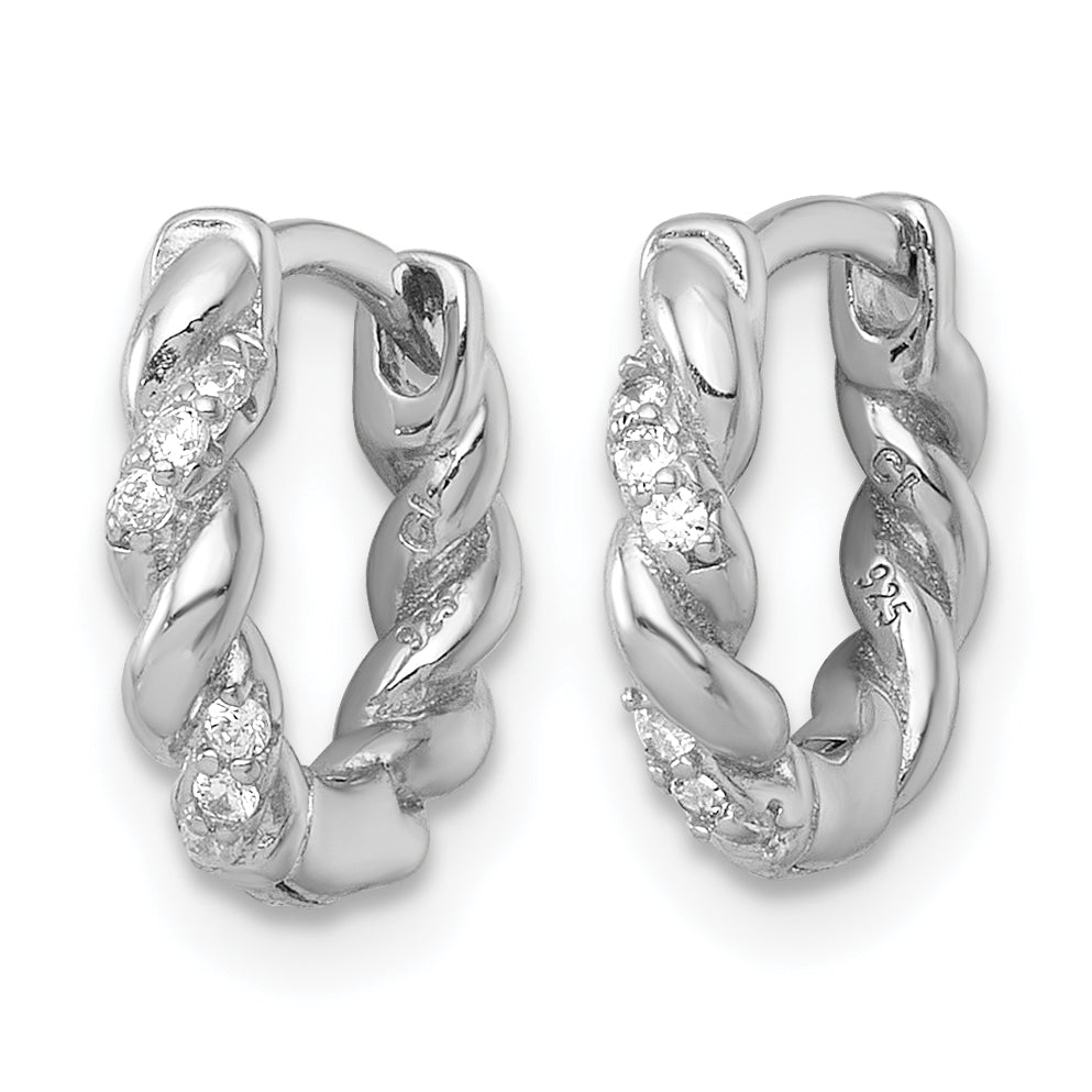 Sterling Silver Rhodium-plated Polished and Twisted CZ Round Hinged Hoop Earrings Secondary image