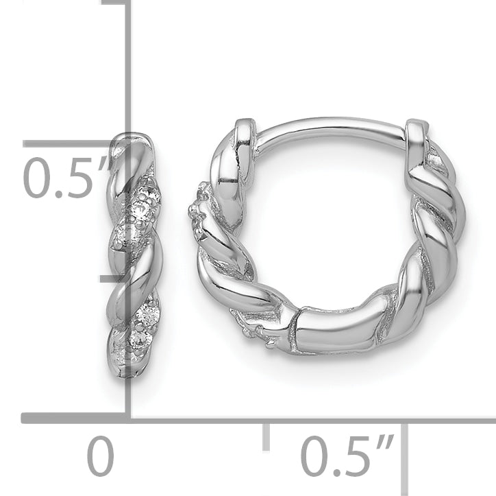 Sterling Silver Rhodium-plated Polished and Twisted CZ Round Hinged Hoop Earrings