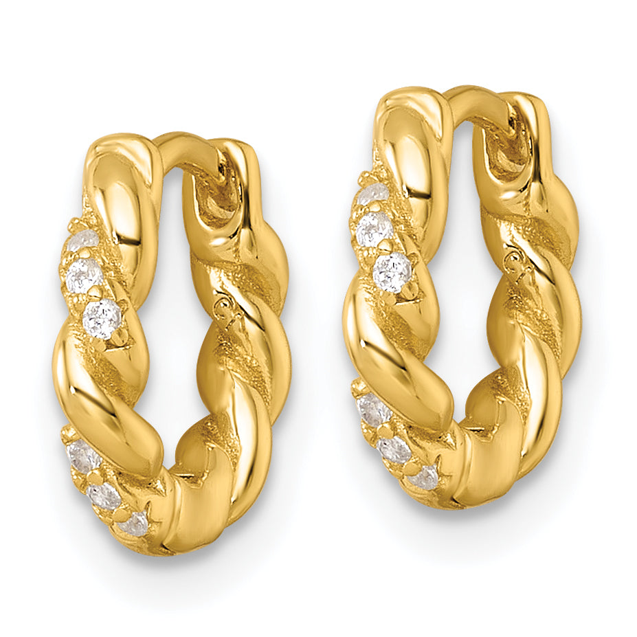 Sterling Silver Gold-tone Polished and Twisted CZ Round Hinged Hoop Earrings Secondary image