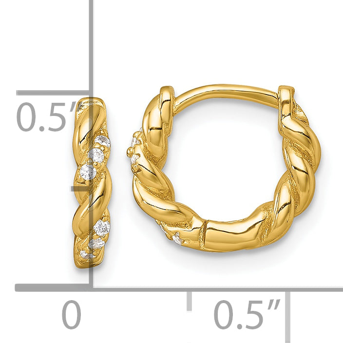 Sterling Silver Gold-tone Polished and Twisted CZ Round Hinged Hoop Earrings
