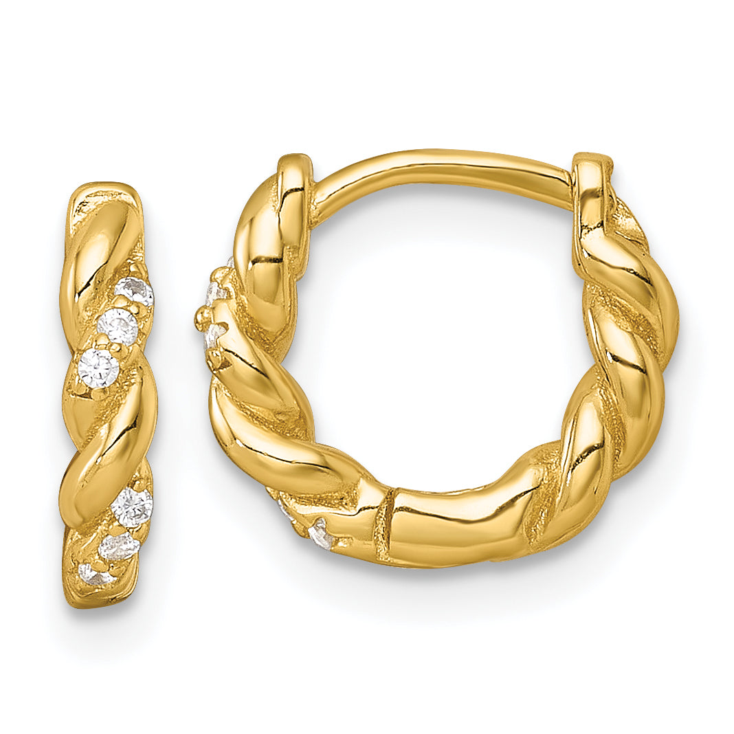 Sterling Silver Gold-tone Polished and Twisted CZ Round Hinged Hoop Earrings Main image
