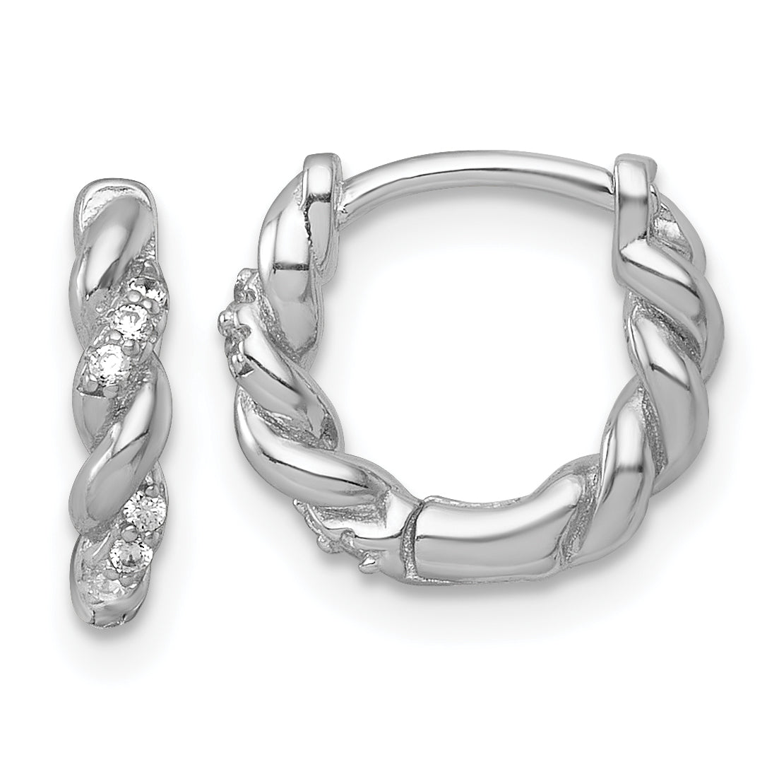 Sterling Silver Rhodium-plated Polished and Twisted CZ Round Hinged Hoop Earrings