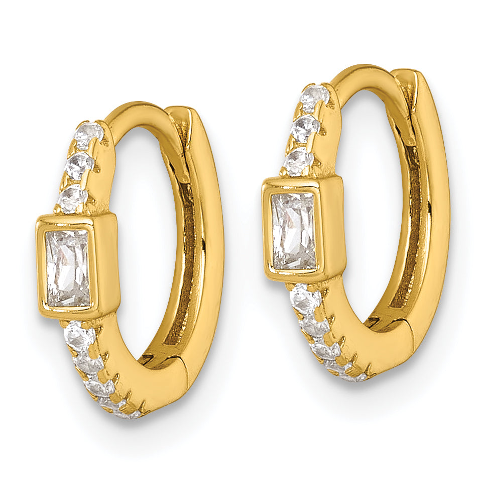 Sterling Silver Gold-tone Polished Round and Emerald-cut CZ Round Hinged Hoop Earrings Secondary image