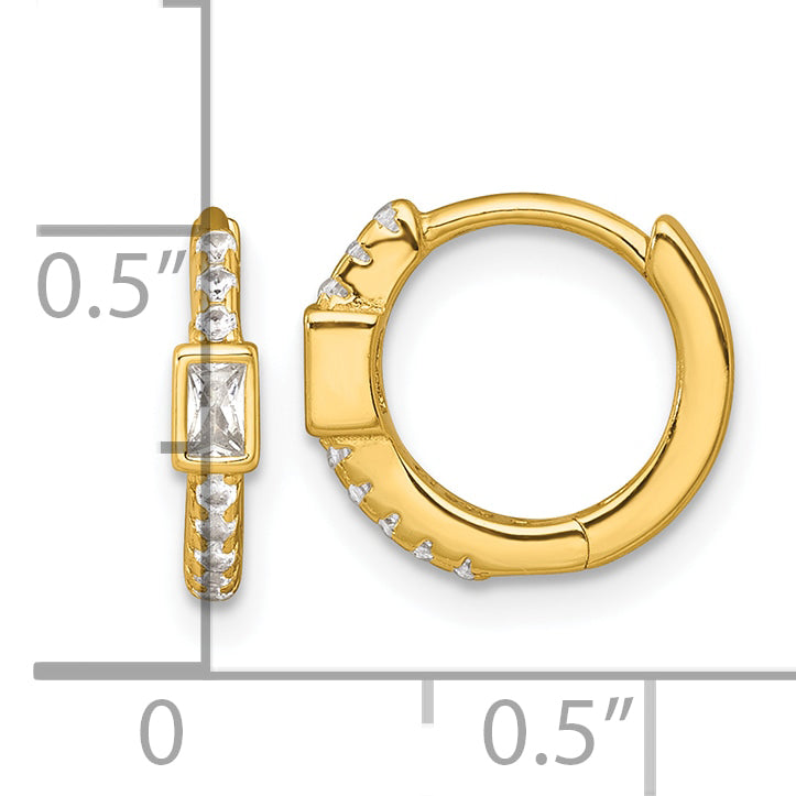 Sterling Silver Gold-tone Polished Round and Emerald-cut CZ Round Hinged Hoop Earrings
