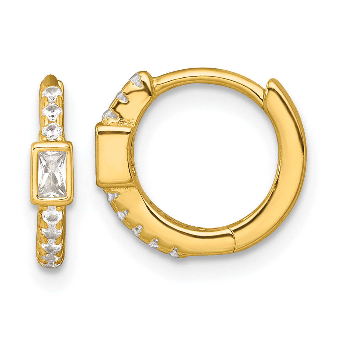 Sterling Silver Gold-tone Polished Round and Emerald-cut CZ Round Hinged Hoop Earrings