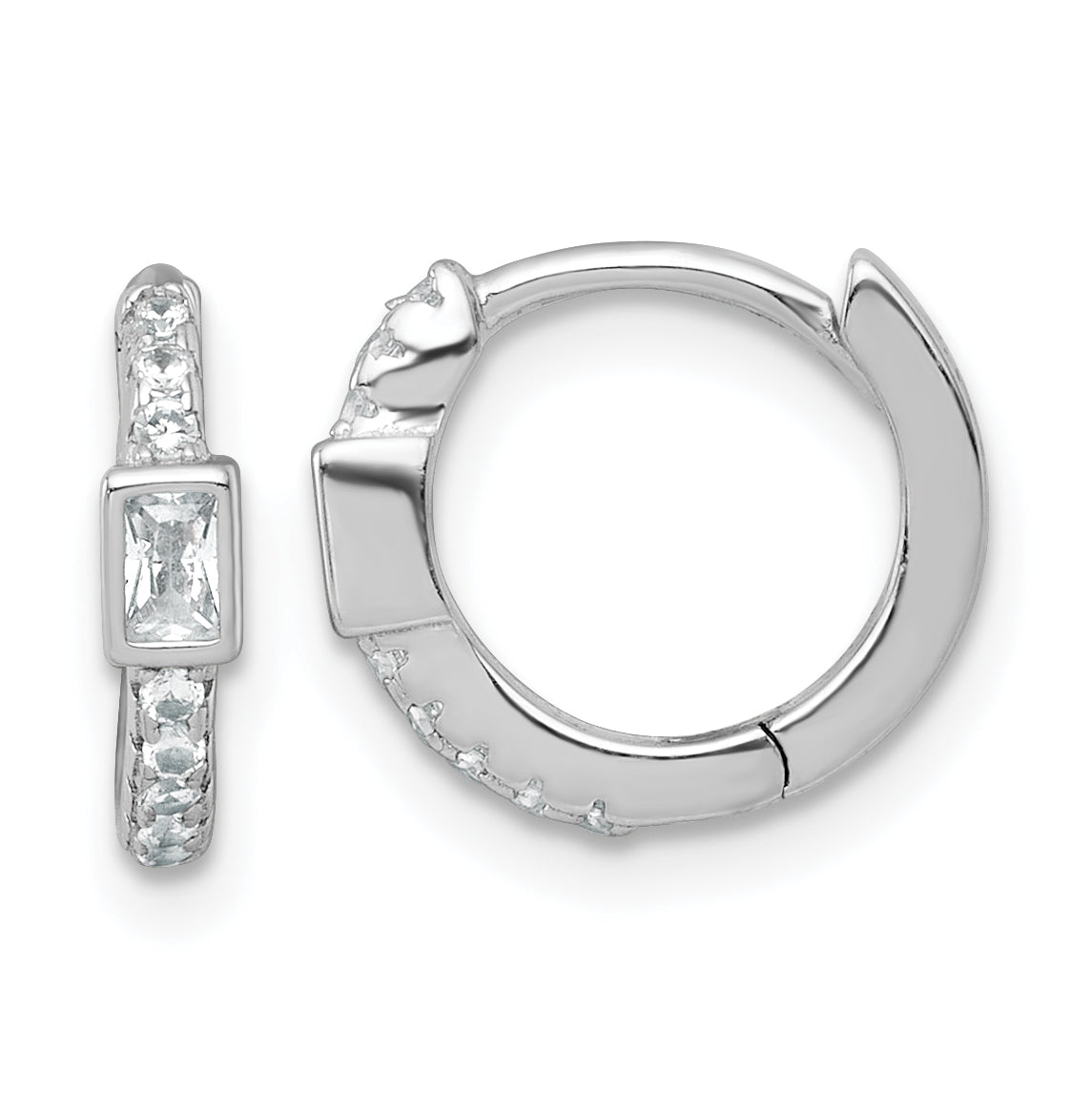 Sterling Silver Rhodium-plated Polished Round and Emerald-cut CZ Round Hinged Hoop Earrings Main image