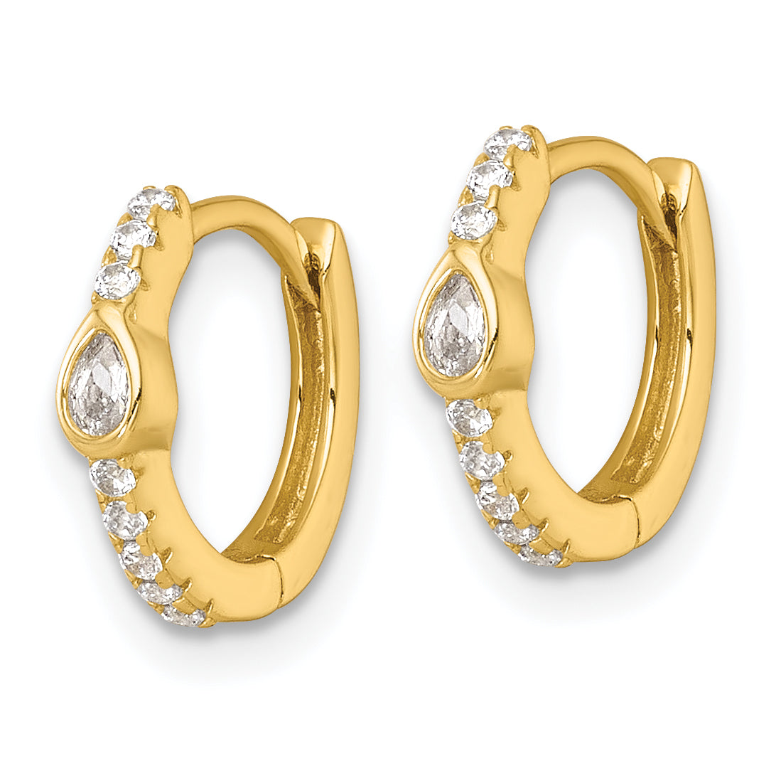Sterling Silver Gold-tone Polished Round and Pear Shaped CZ Round Hinged Hoop Earrings Secondary image