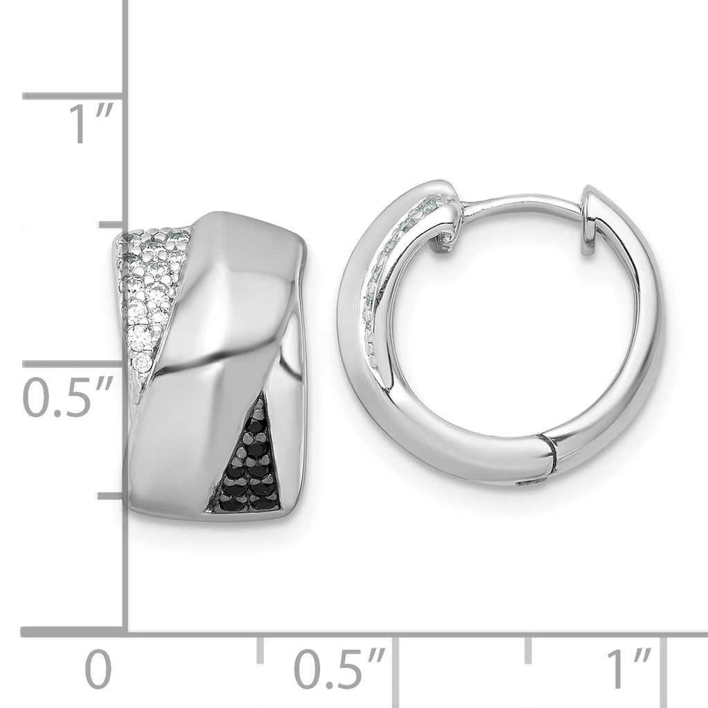 Sterling Silver Rhodium-plated Polished Black and White CZ Round Hinged Hoop Earrings