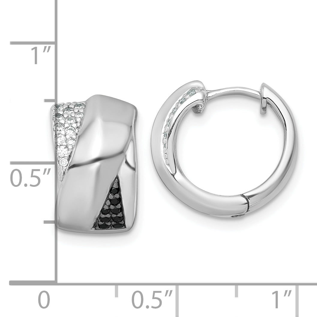 Sterling Silver Rhodium-plated Polished Black and White CZ Round Hinged Hoop Earrings