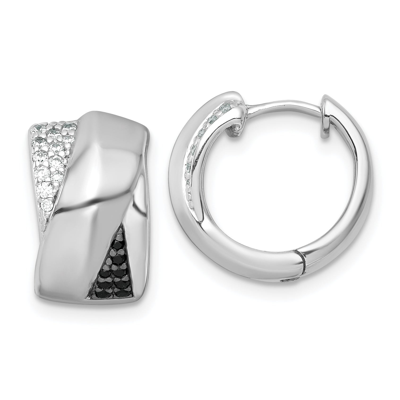 Sterling Silver Rhodium-plated Polished Black and White CZ Round Hinged Hoop Earrings Main image