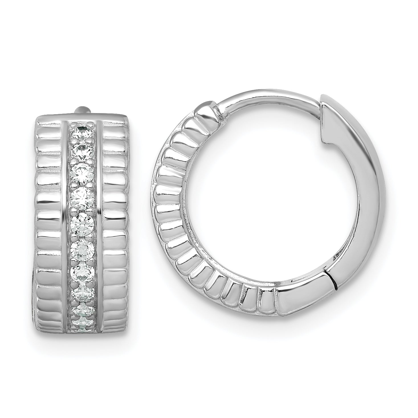 Sterling Silver Rhodium-plated Polished and Grooved CZ 6.2mm Hinged Hoop Earrings Main image
