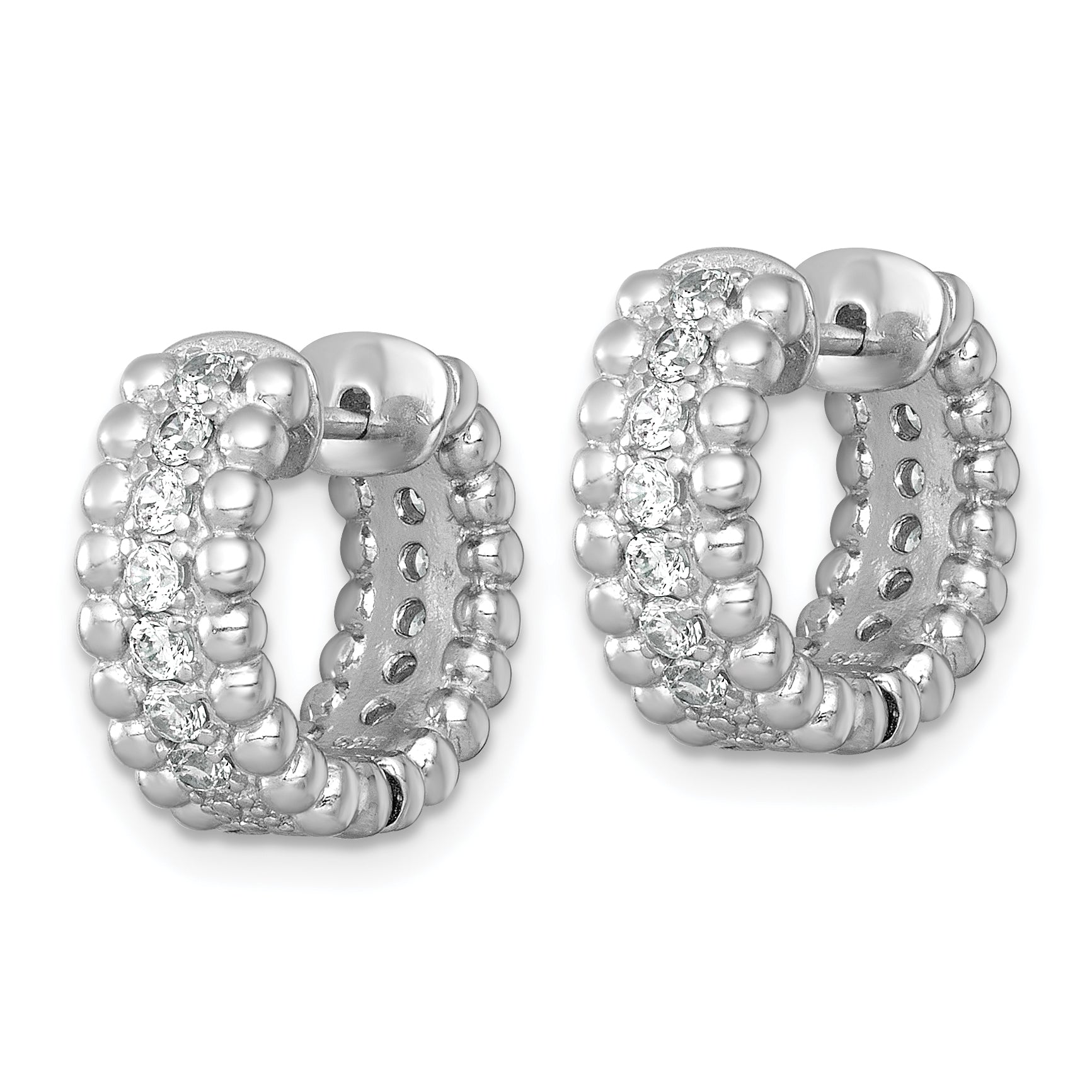Sterling Silver Rhodium-plated Polished and Beaded CZ Round Hinged Hoop Earrings Secondary image
