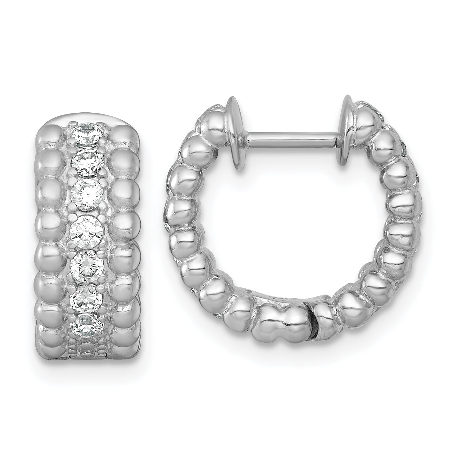 Sterling Silver Rhodium-plated Polished and Beaded CZ Round Hinged Hoop Earrings Main image