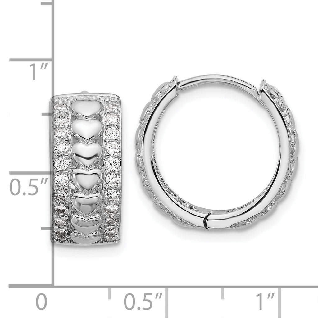 Sterling Silver Rhodium-plated CZ Polished Hearts Hinged Hoop Earrings