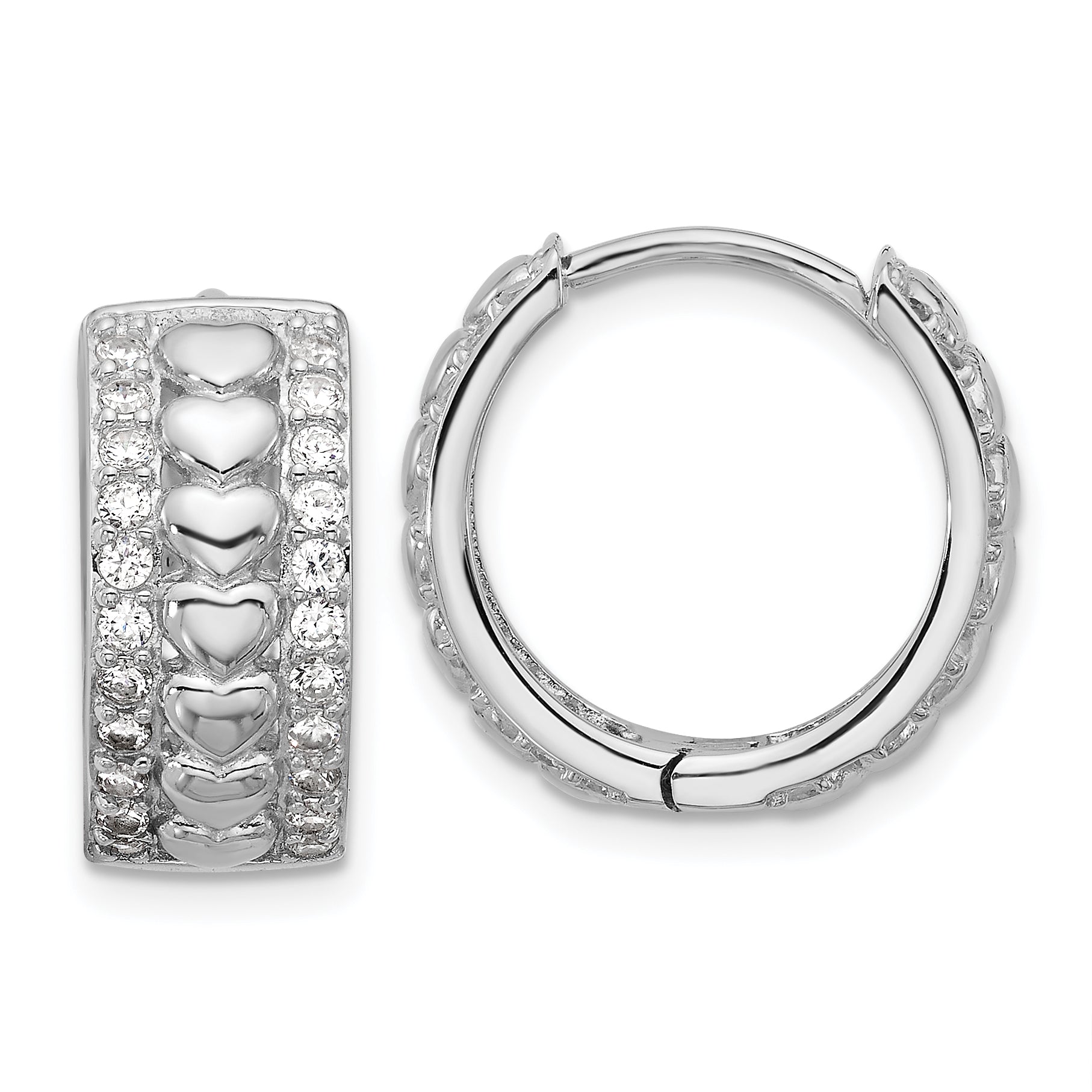 Sterling Silver Rhodium-plated CZ Polished Hearts Hinged Hoop Earrings