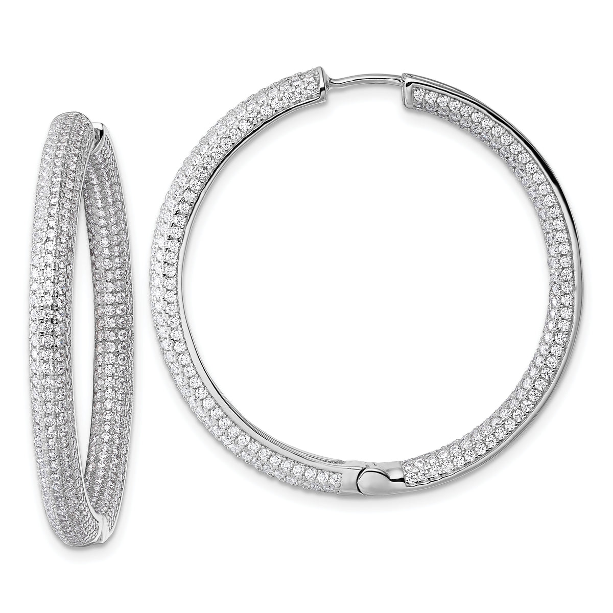 Sterling Silver Rhodium-plated In and Out CZ Pave 3.7 x 39mm Hinged Hoop Earrings