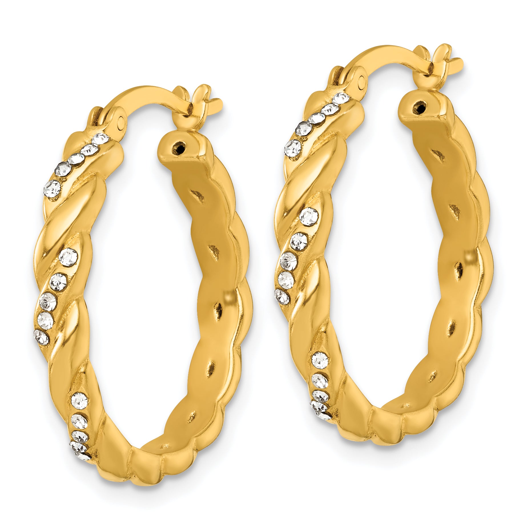 Sterling Silver Gold-tone Polished Twisted with Glass Stones Round Hoop Earrings Secondary image