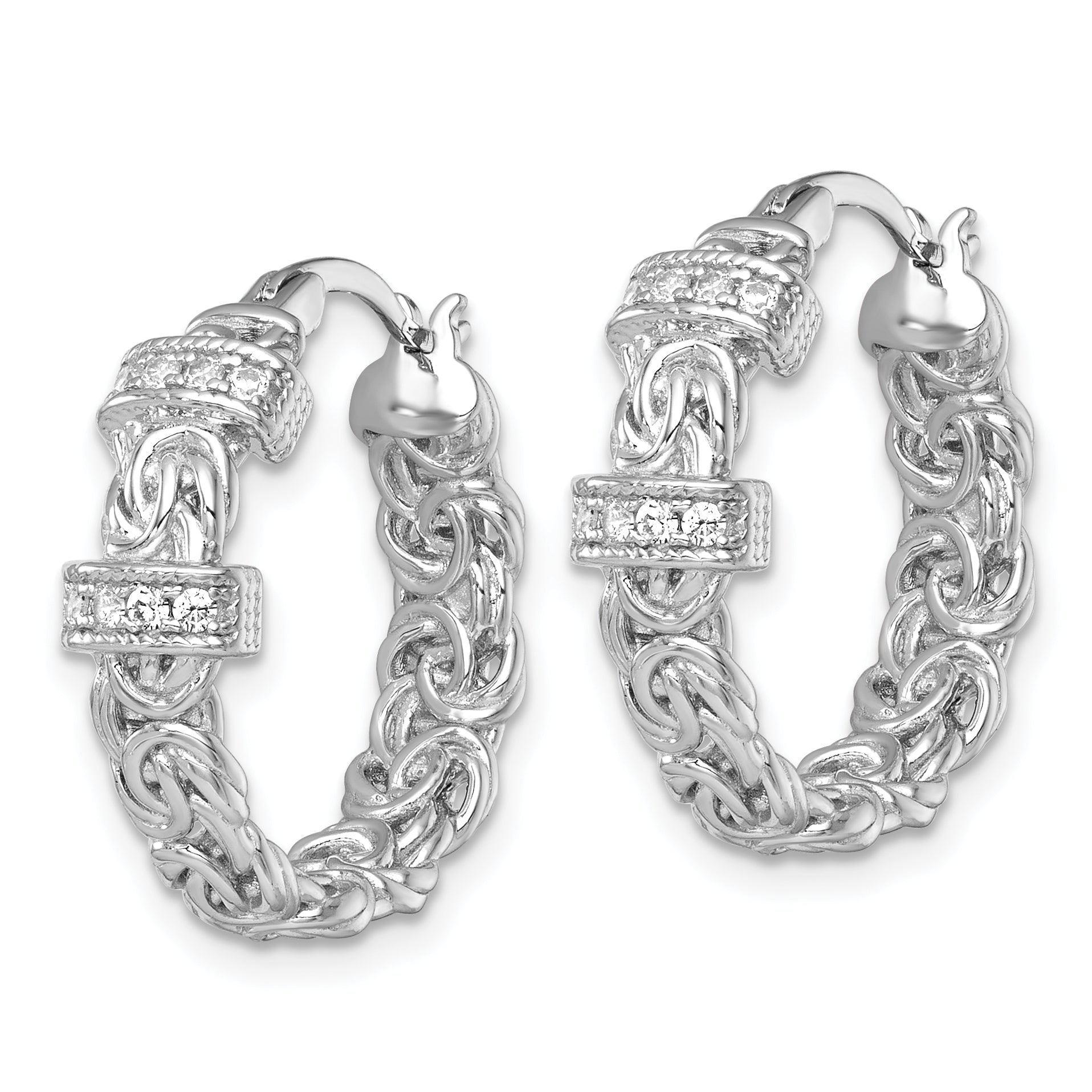 Sterling Silver Rhodium-plated Polished CZ Byzantine Link Round Hoop Earrings Secondary image