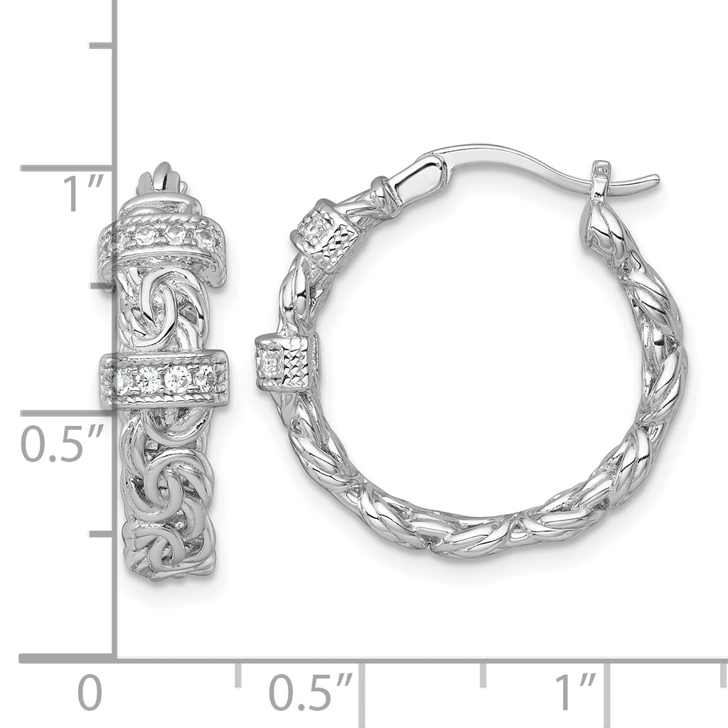 Sterling Silver Rhodium-plated Polished CZ Byzantine Link Round Hoop Earrings