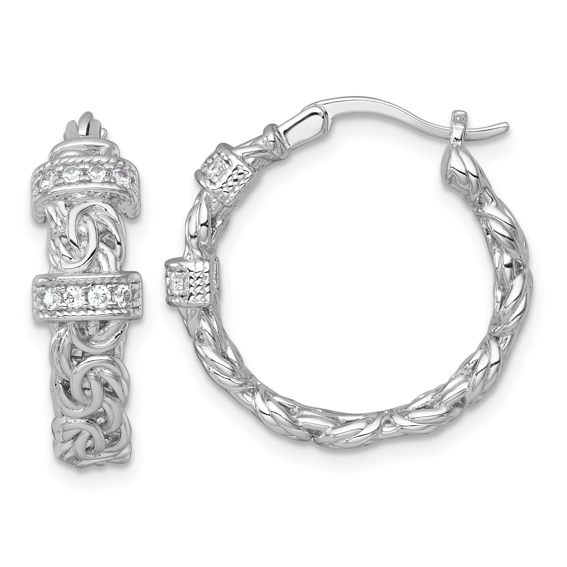 Sterling Silver Rhodium-plated Polished CZ Byzantine Link Round Hoop Earrings Main image