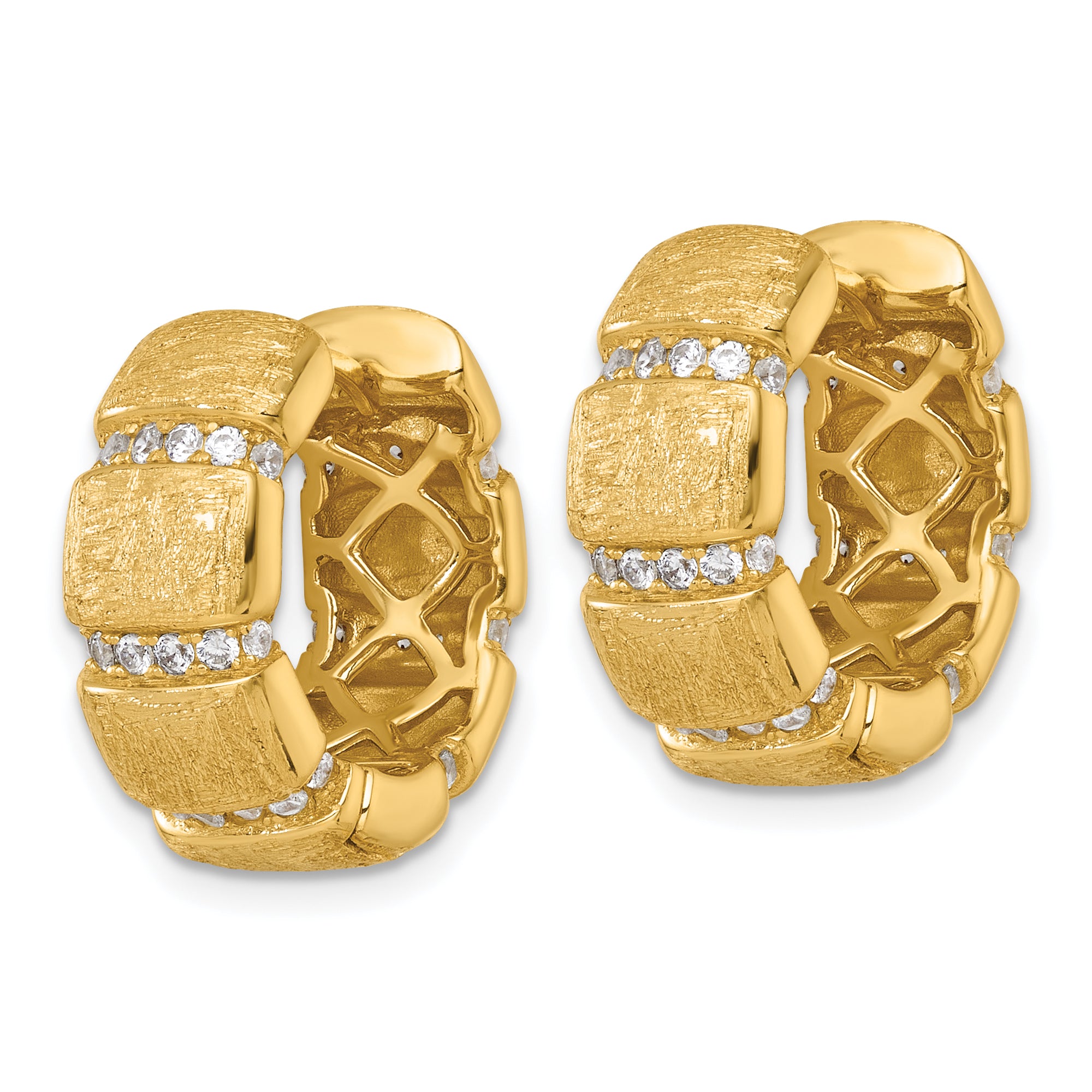 Sterling Silver Gold-Tone Polished and Textured CZ 8.0mm Round Hinged Hoop Earrings