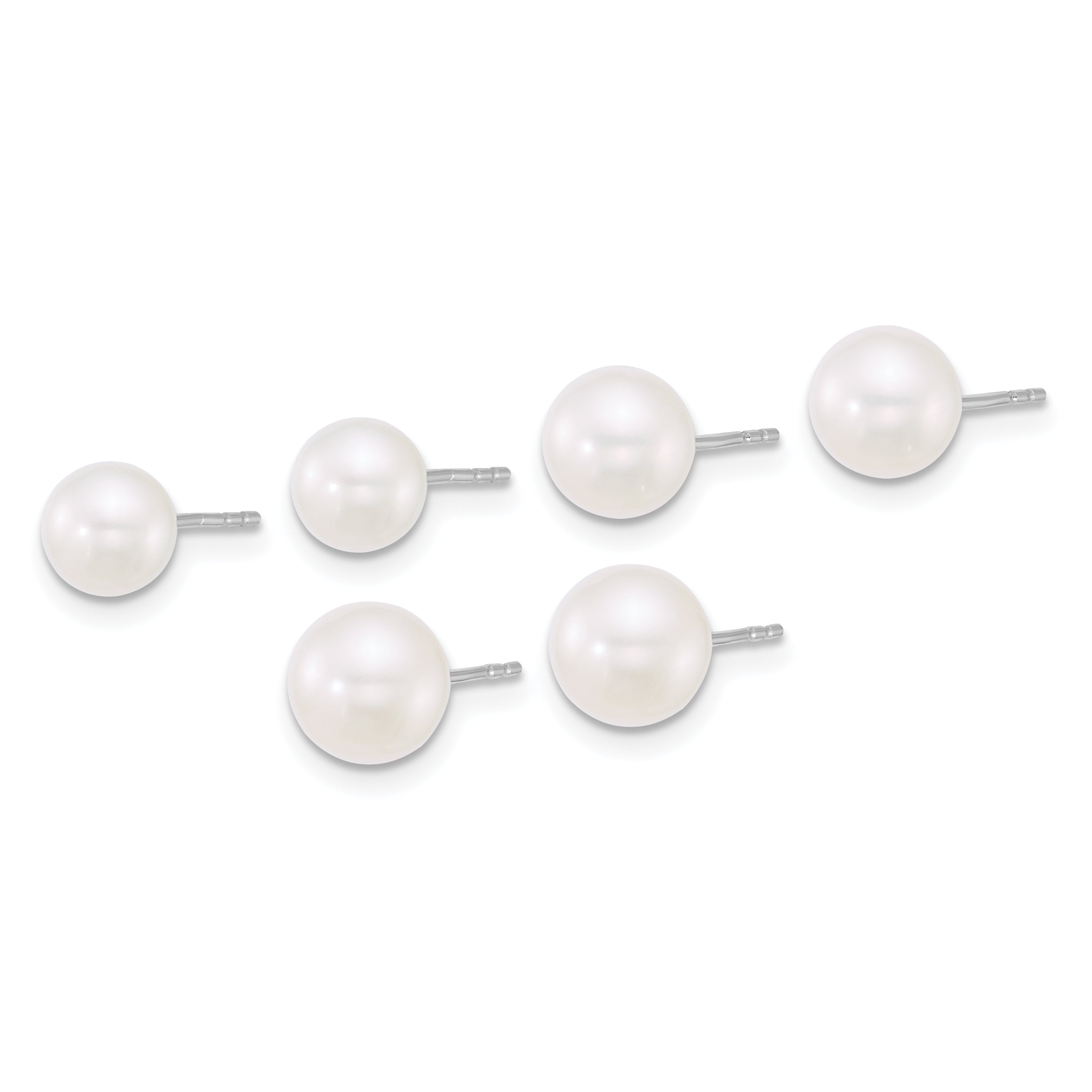 Sterling Silver Rhodium-plated 5-6mm/6-7mm/7-8mm Round White Freshwater Cultured Pearl Post Earring Set Secondary image